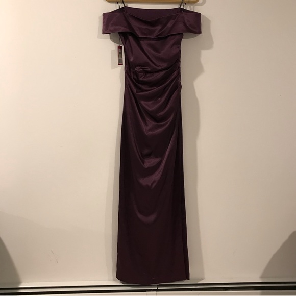 Vince Camuto Off Shoulder Ruched Waist Satin Gown Plum - Picture 4 of 10